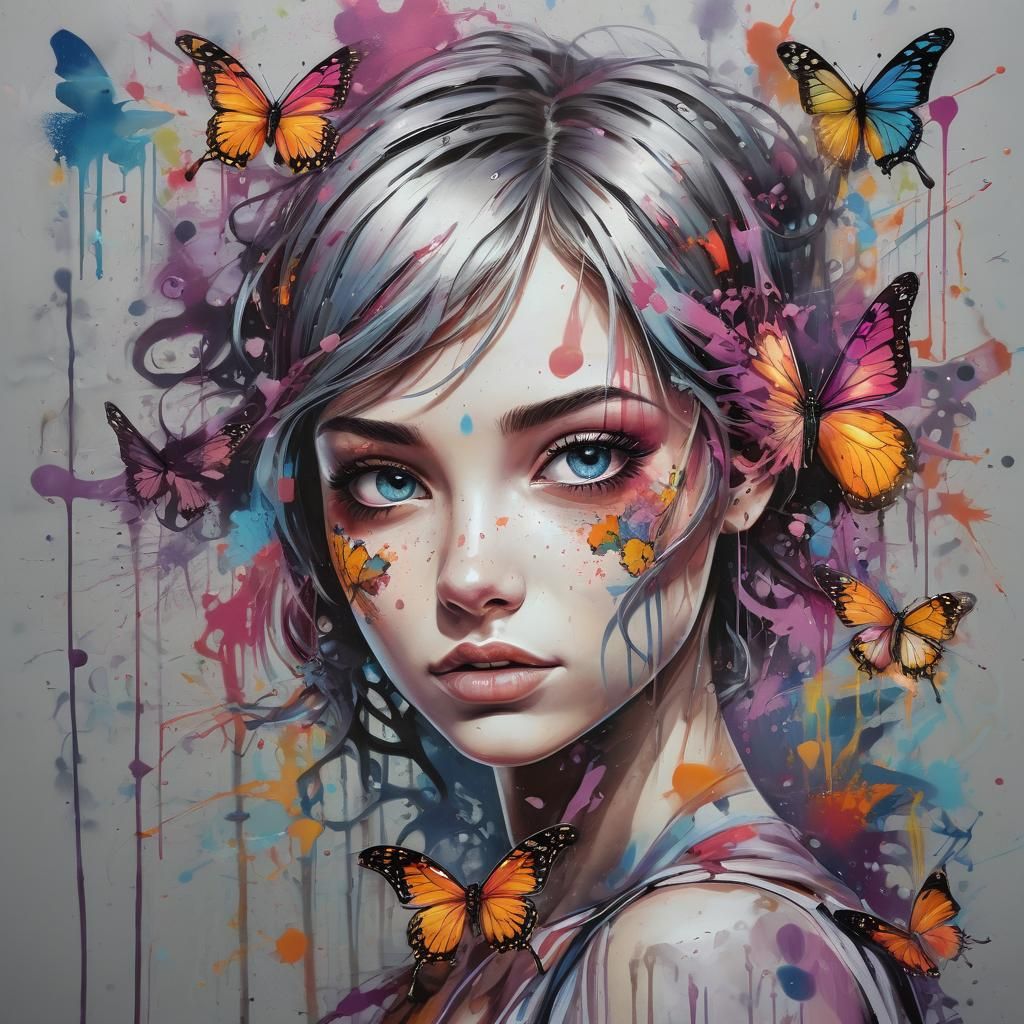 Butterfly Girl in Graffiti Splash Art Style
