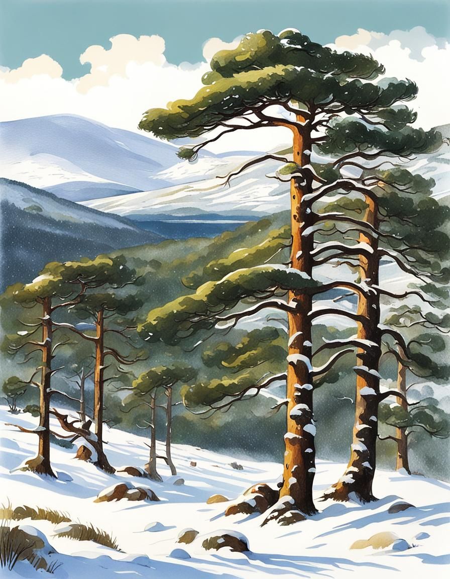 Snowy Scots Pines in Cairngorms: Storybook Illustration