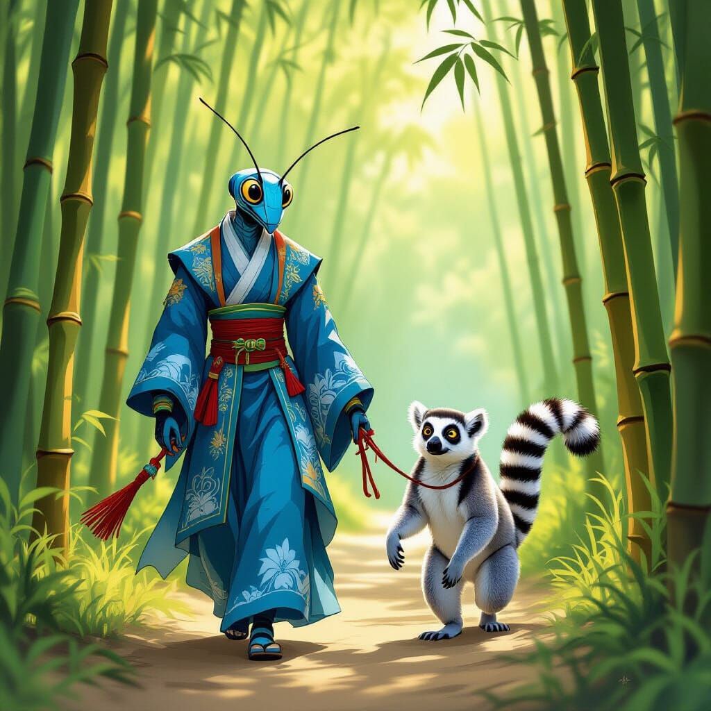 Mantis Person Walks Lemur in Bamboo Forest