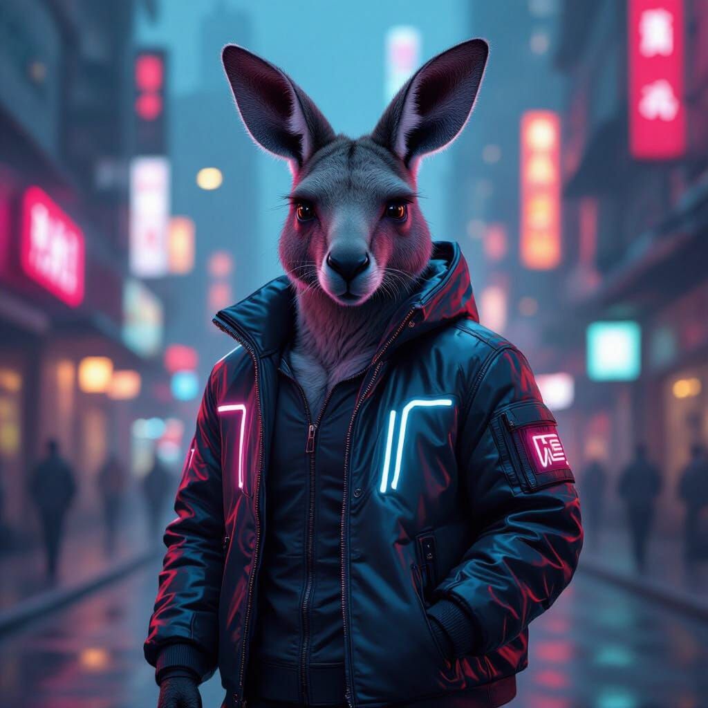 Cyberpunk Kangaroo Poses in Futuristic Cityscape