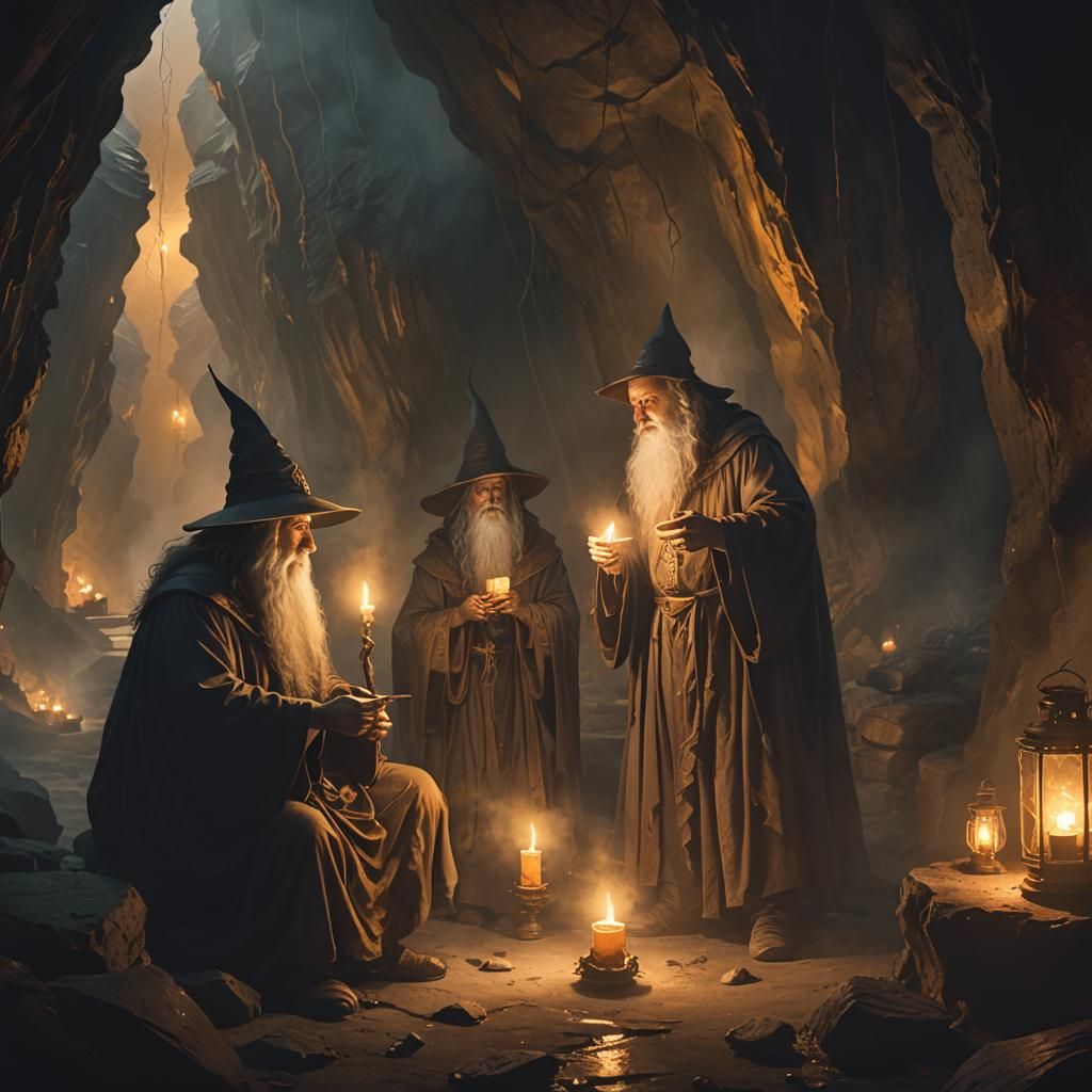 Misty Cave Meeting: Wizard and Companions in Concept Art