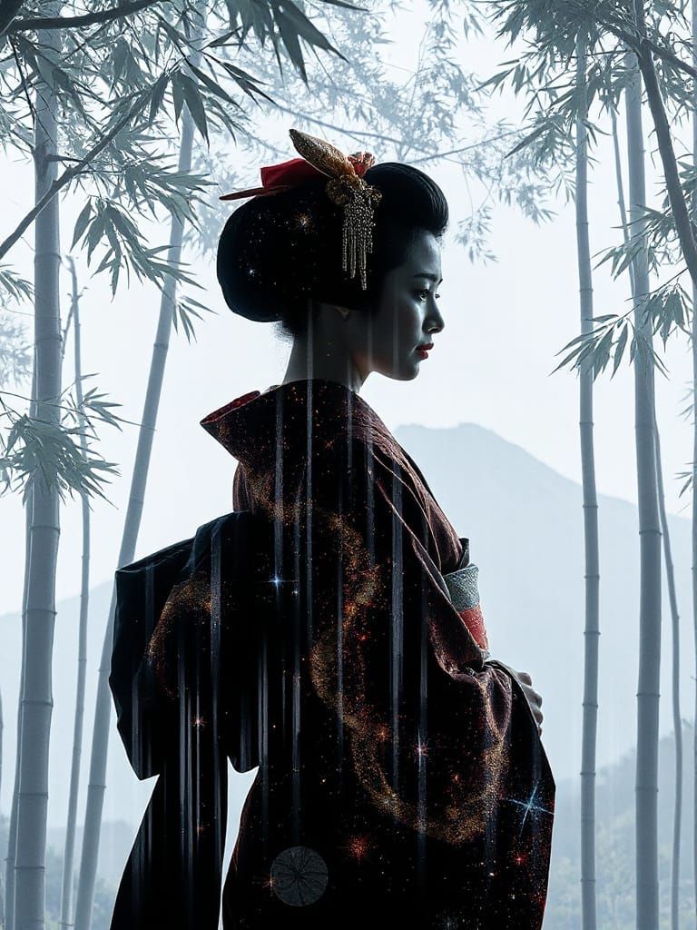 Geisha Silhouette in Bamboo Forest Double Exposure