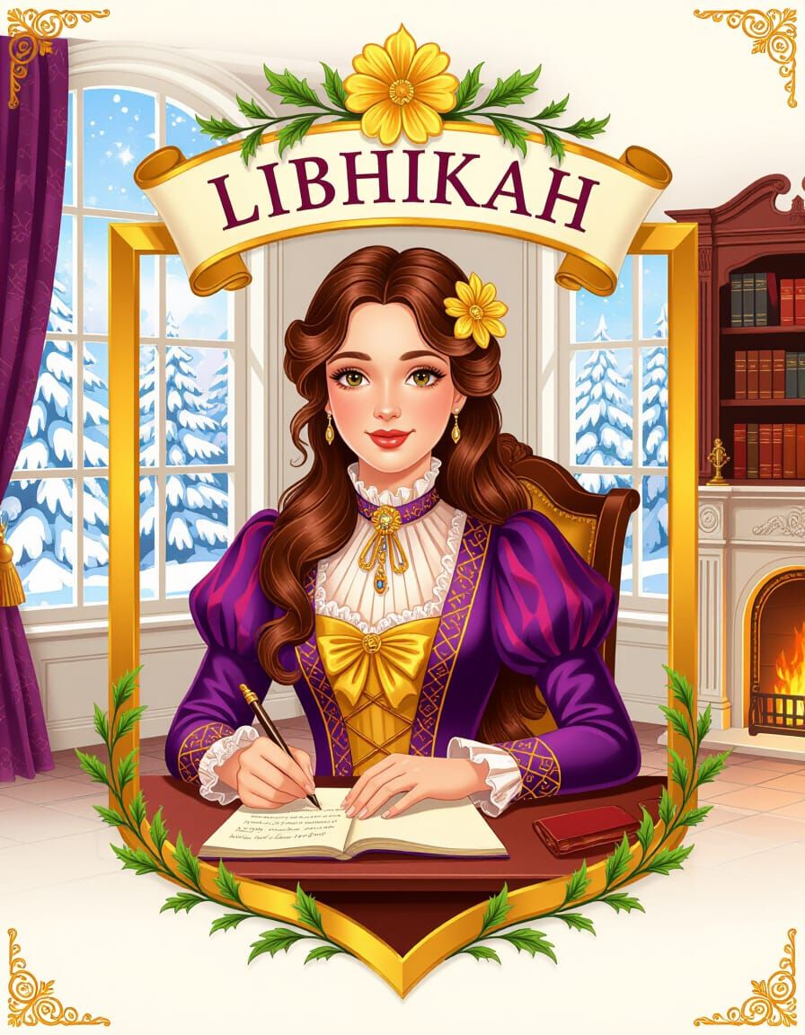 Victorian Logo Emblem of Writing Lady in Shield