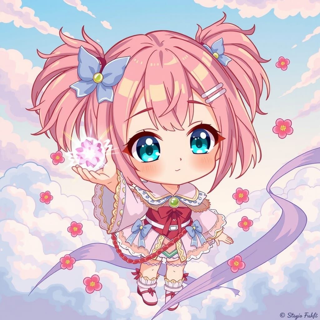 Chibi Magical Girl Amidst Cherry Blossoms in Vibrant Pastel ...