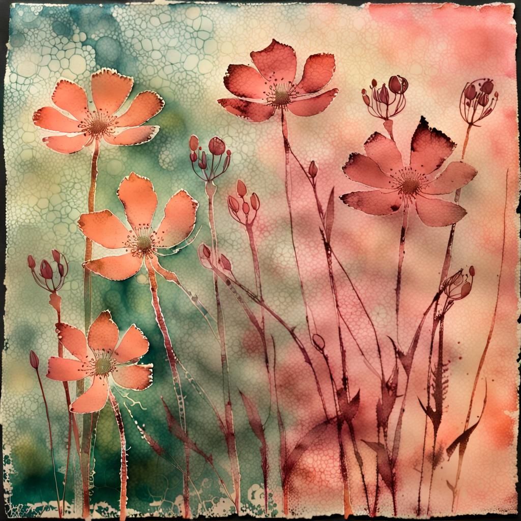 Floral Monotype Print With Silhouette Overlay