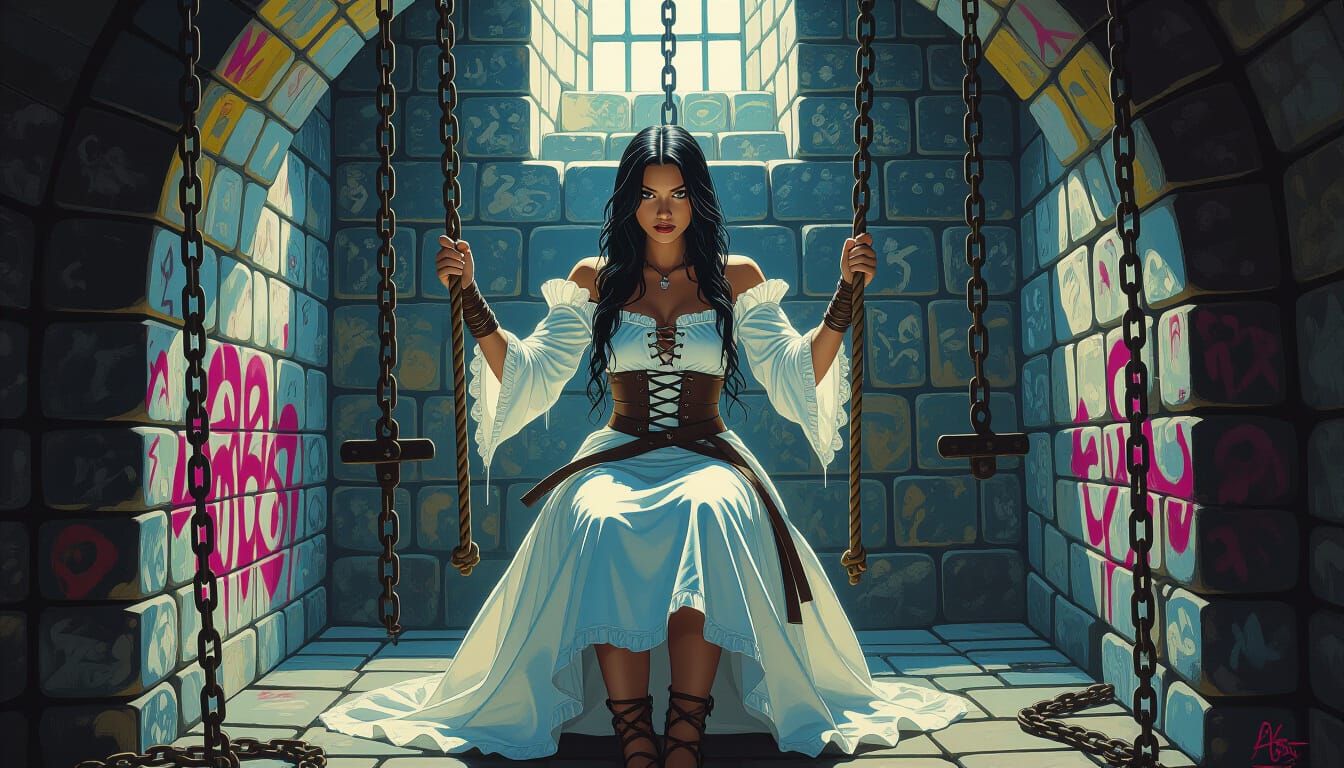 Medieval Woman in Dungeon: Graffiti Art Style