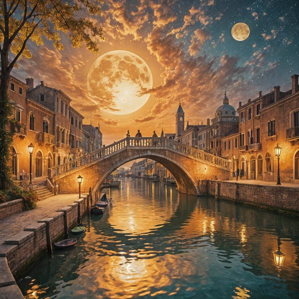 Dreamlike Venetian Bridge Under Golden Swirling Night Sky