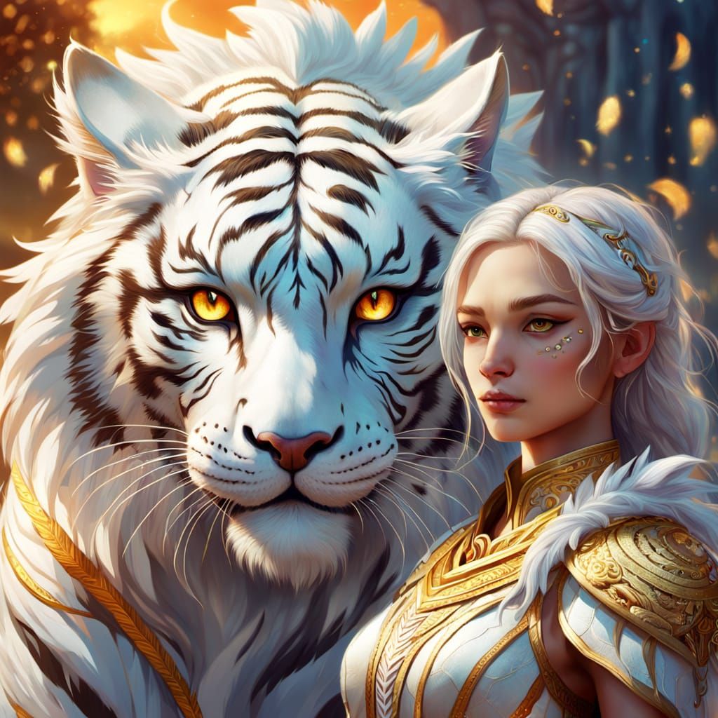 Woman with Mythical Tiger-Dragon Companion in Fantasy Art