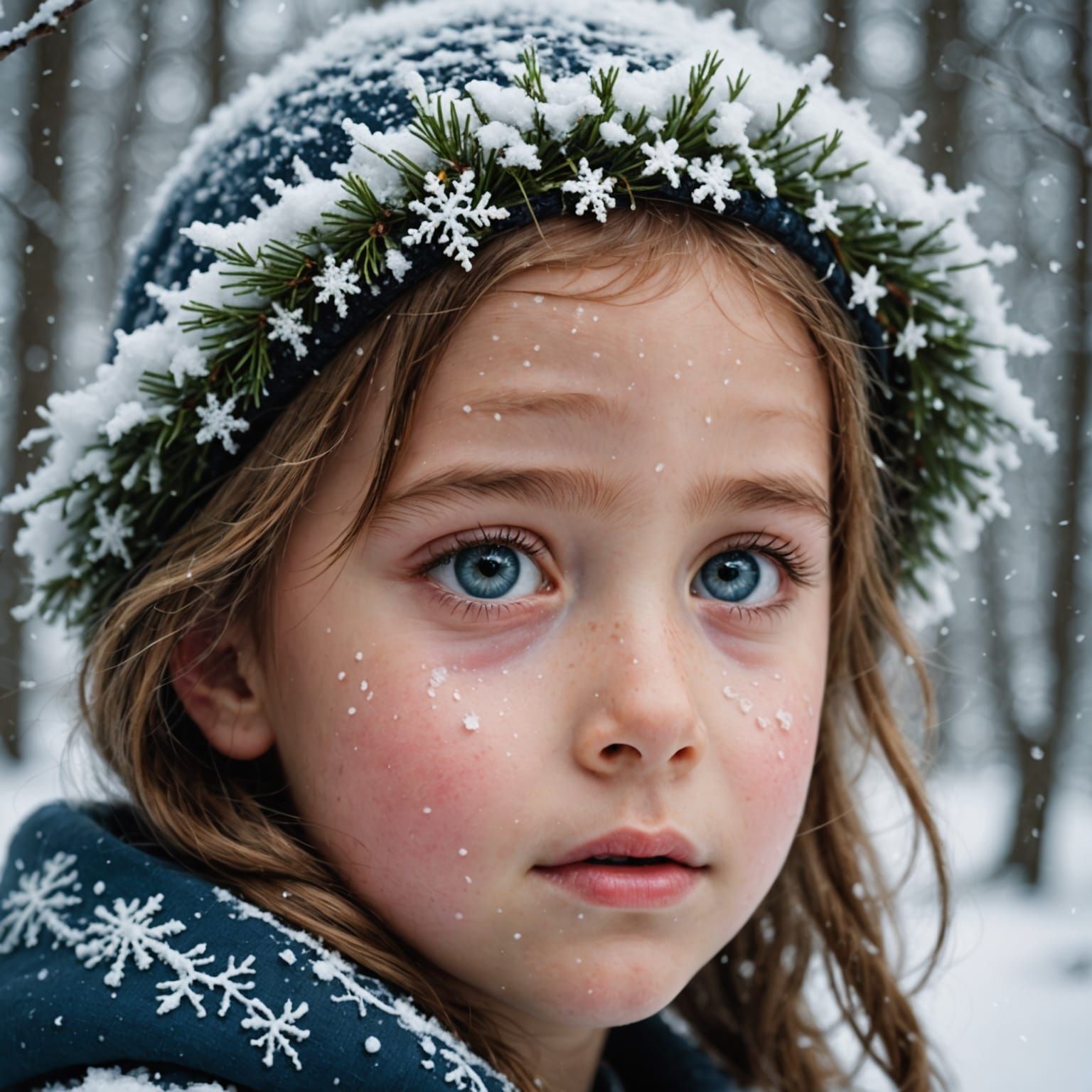 Child's Eye Reflecting Winter Forest in Photorealistic Style