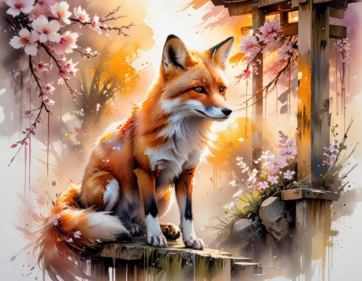Fox on Torii Gate in Dreamy Watercolor Style