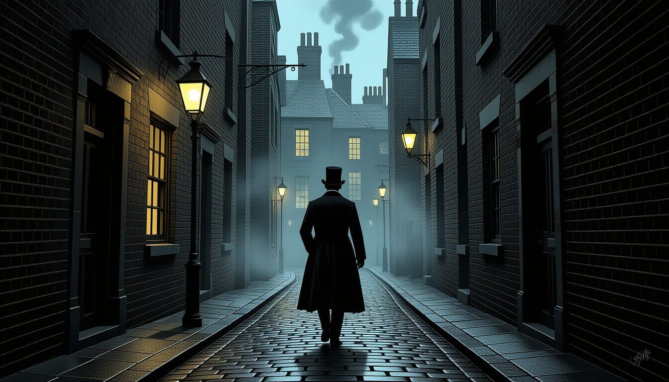 Charles Dickens in Victorian London Alley, Manga Style