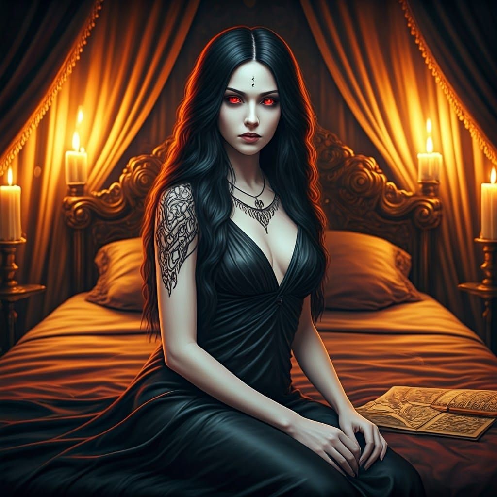 Mystical Woman Nyarlathotep in Ornate Bedroom