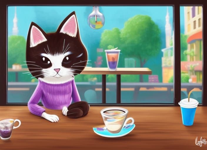 Relaxed Cat in Coffee Shop: Digital Acrylic Painting