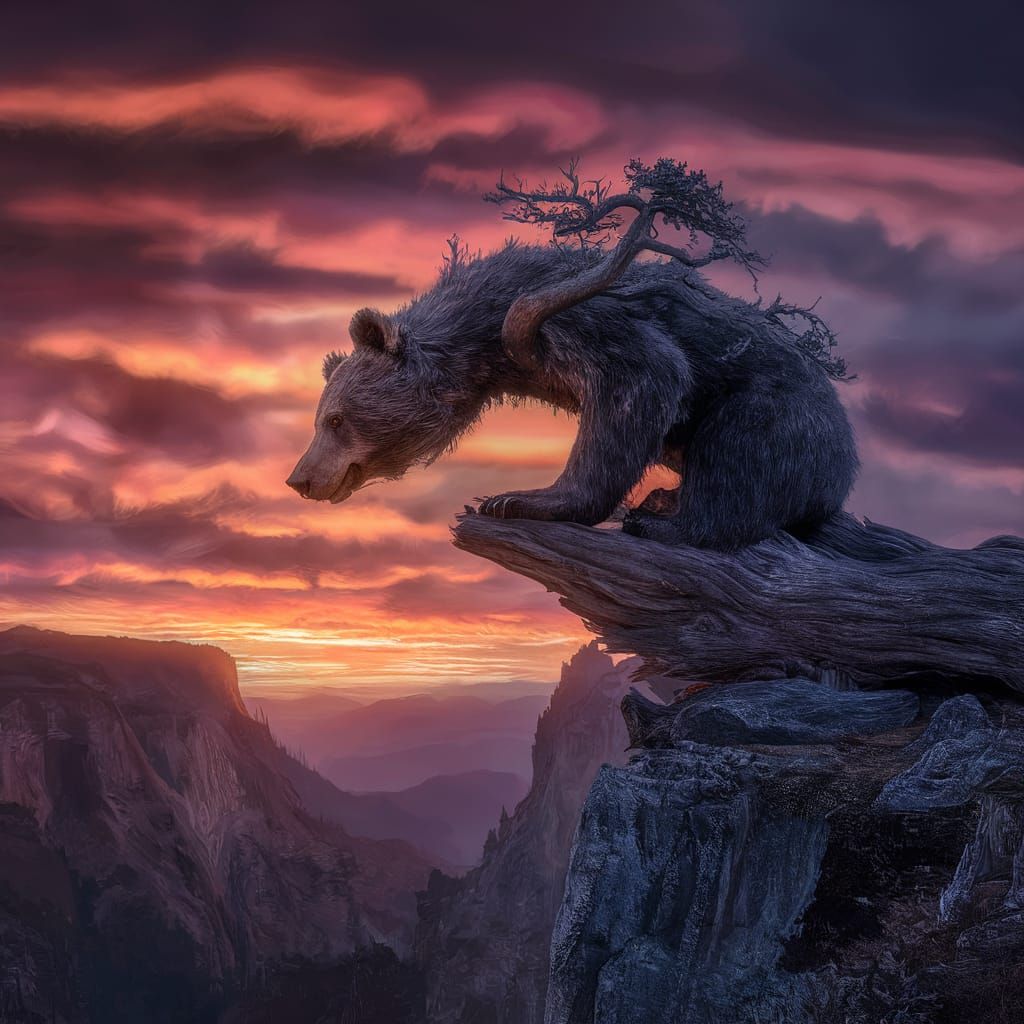 Bear Tree on Cliff at Sunset: Digital Painting