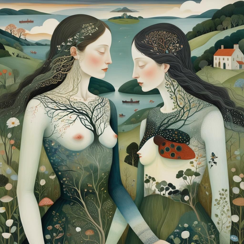 Intertwined Bodies: Dreamlike Mindscapes in Mixed Media Styl...