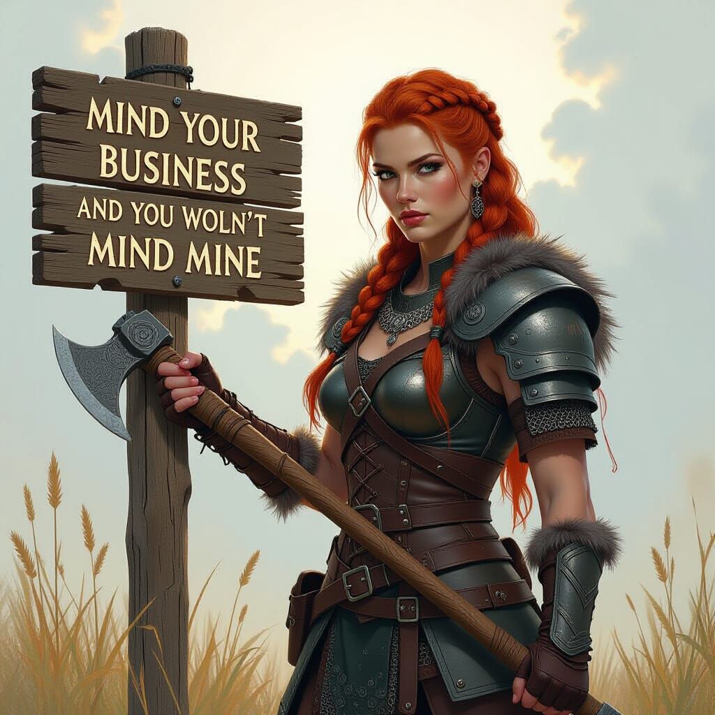 Viking Woman with Axe and Sign in Hyperrealistic Style