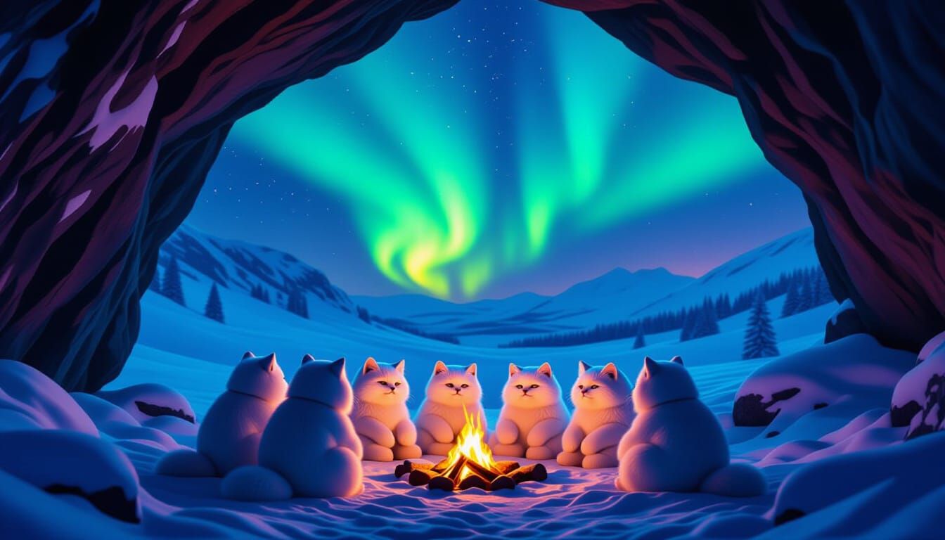 Cozy Snowcats by Campfire Under Northern Lights