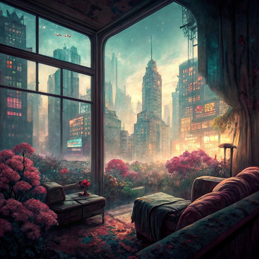 Dreamlike Cityscape Through a Misty Window
