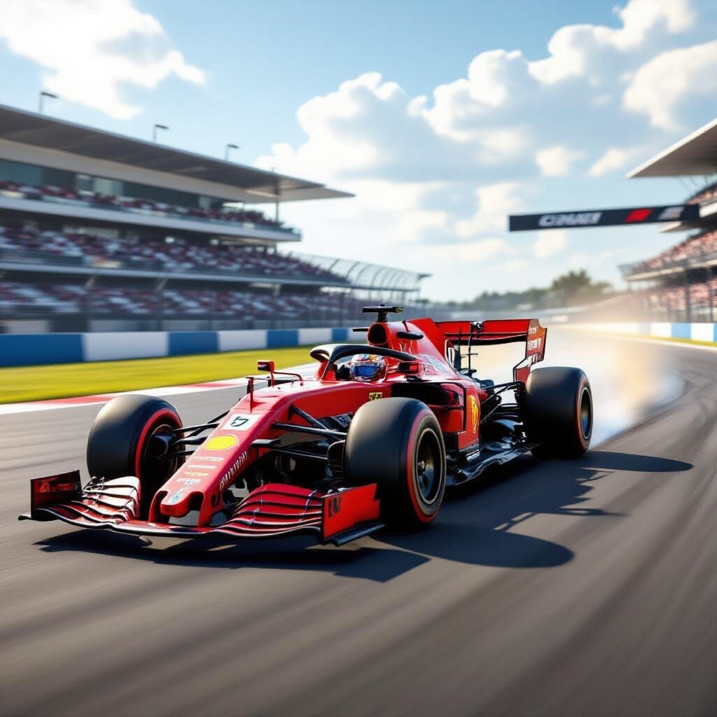 Red Formula 1 Race Car Speeds Down Sunlit Track