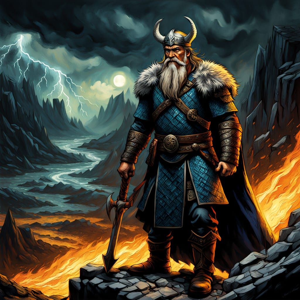 Viking King with Axe, Impasto Painting in Gritty Style