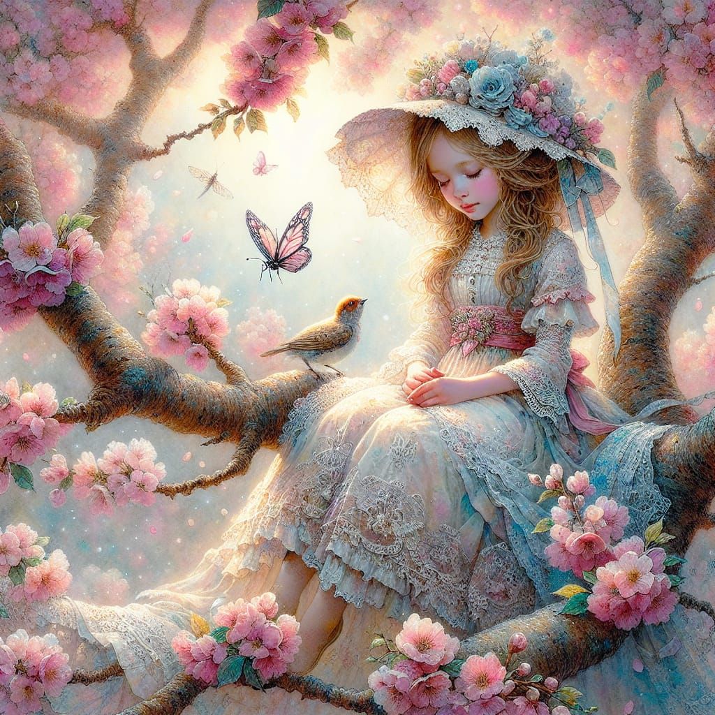 Girl in Cherry Tree Watercolor Painting