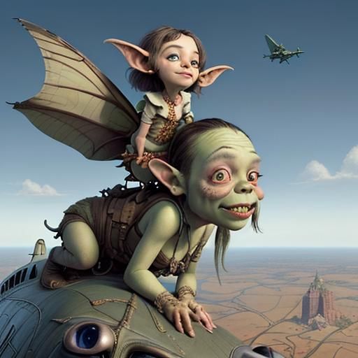 Goblin Rides Airplane: Whimsical Pixar-Style Art