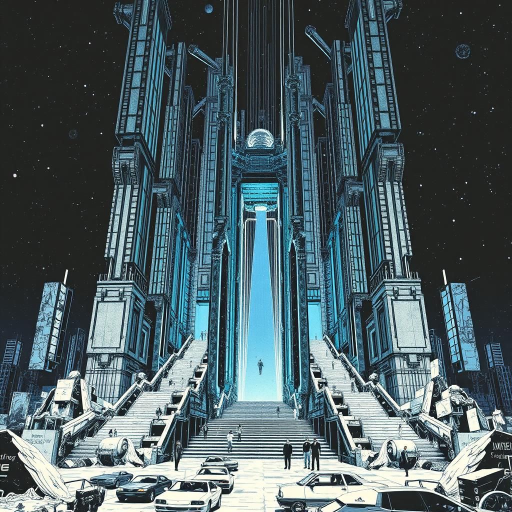 Brutalist Megastructure with Glitching Constellations