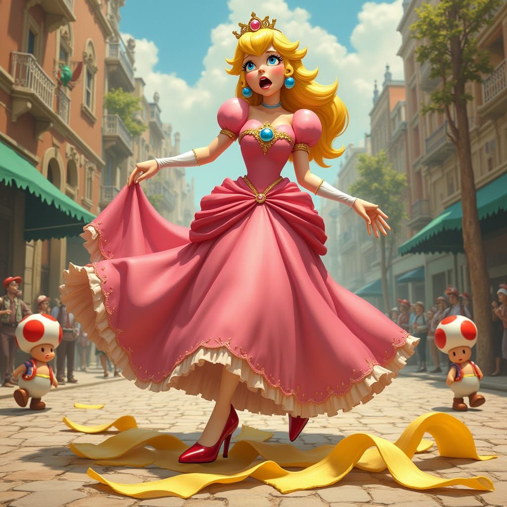 Princess Peach Falls in a Whimsical Art Nouveau Scene