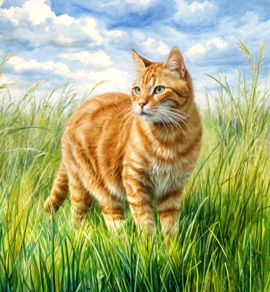 Ginger Cat in Spring Meadow: Impressionist Gouache Watercolo...