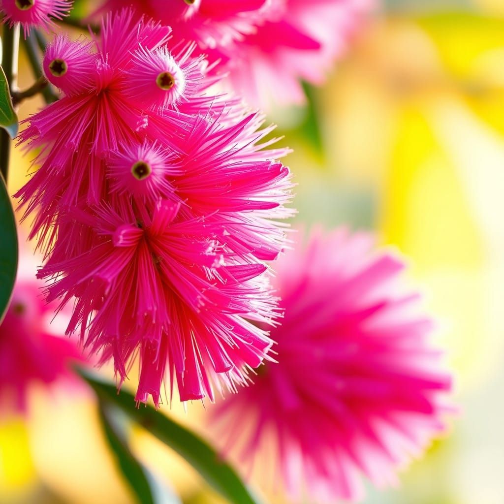 Vibrant Pink Bottlebrush Tree Flowers in Botanical Style