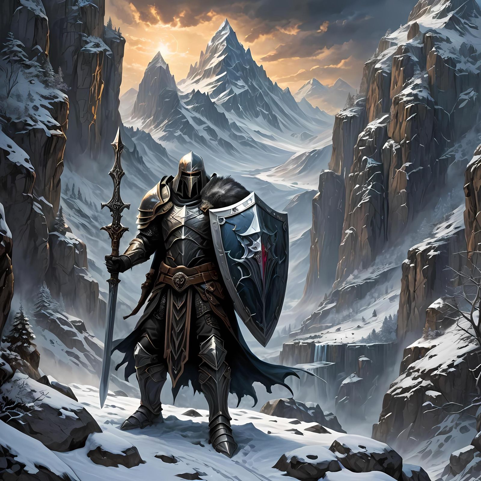 Paladin Guarding Mountain Pass with Crystal Sword