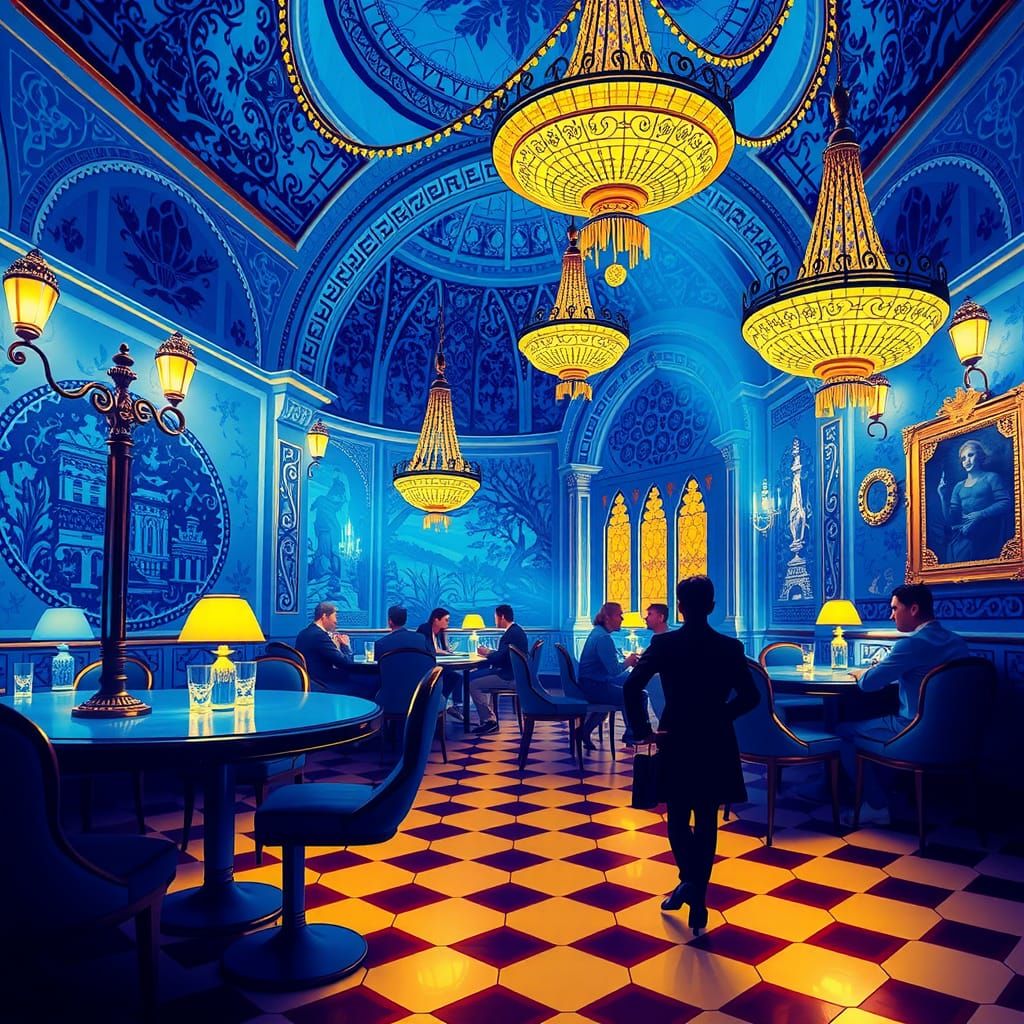Create a nightclub scene. In Delft Blue.