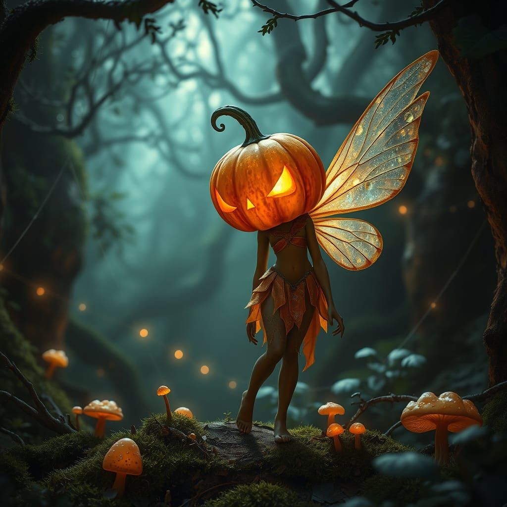 Hyperrealistic Fairy With Glowing Pumpkin Head in Enchanted ...