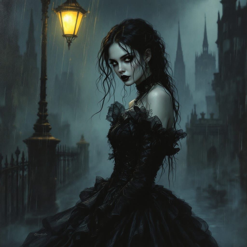 Ethereal Gothic Woman in Victorian Black Gown, Standing Reso...