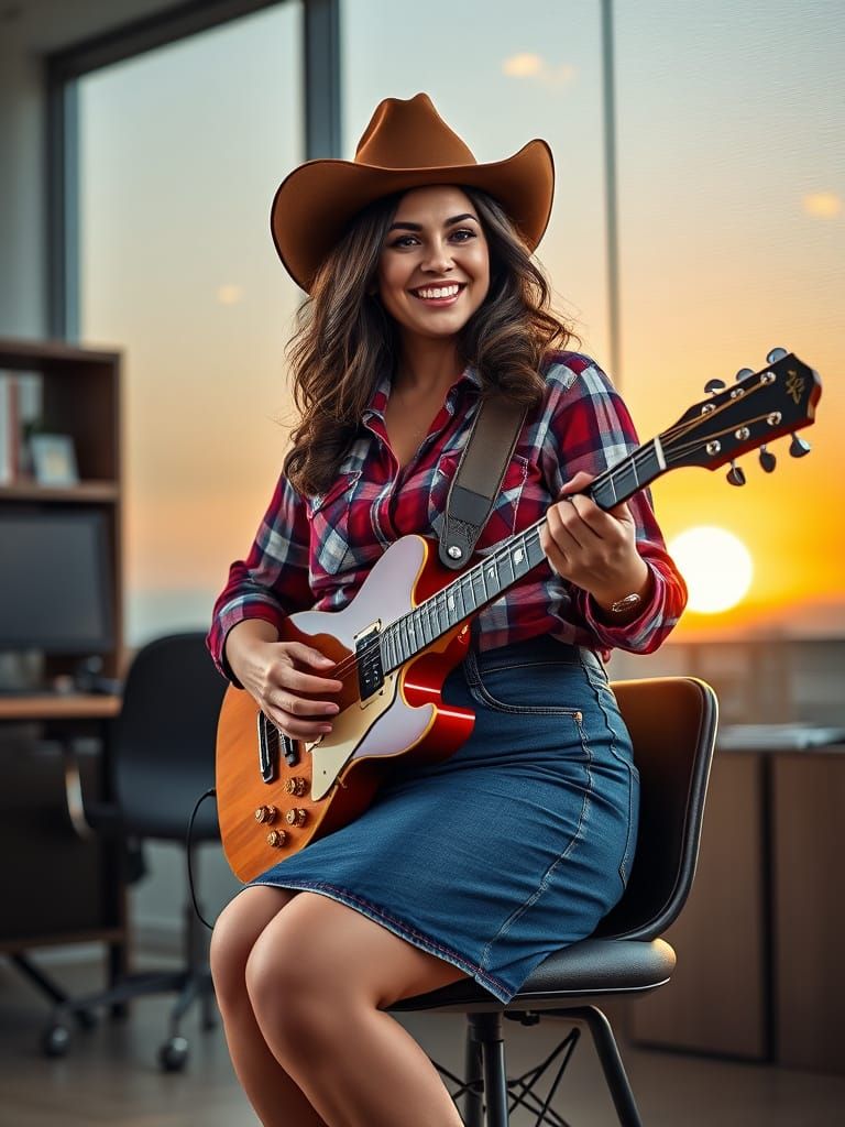 Egyptian Woman Playing Guitar in Modern Office