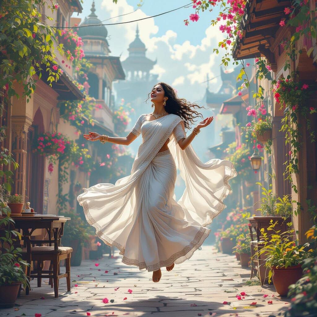 Woman in White Saree Singing, Detailed Matte Painting