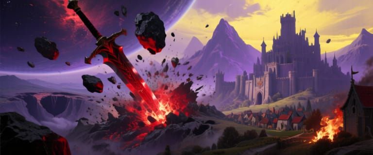 Meteor Swords Destroy Medieval Kingdom in Dark Fantasy Art