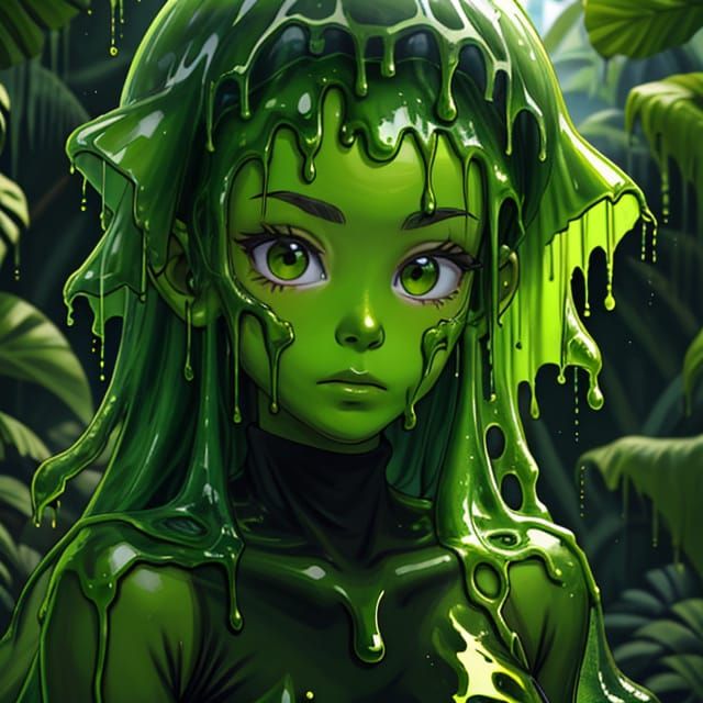 Vibrant Green Slime Creature in Tropical Jungle Scene