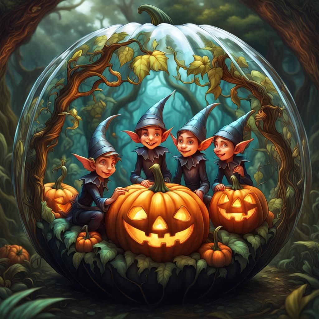 funny little elves gang  in the jungle carved in a transparent stained glass pumpkin
