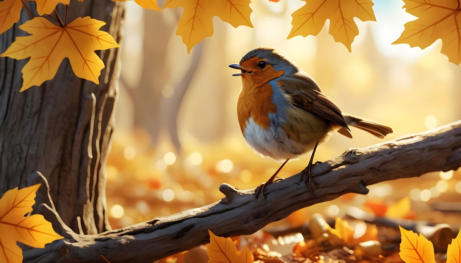 Fluffy Robin Sings in Golden Autumn Wood Clearing