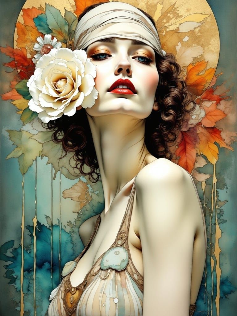 Gatsby Girl with White Rose in Alcohol Ink Style
