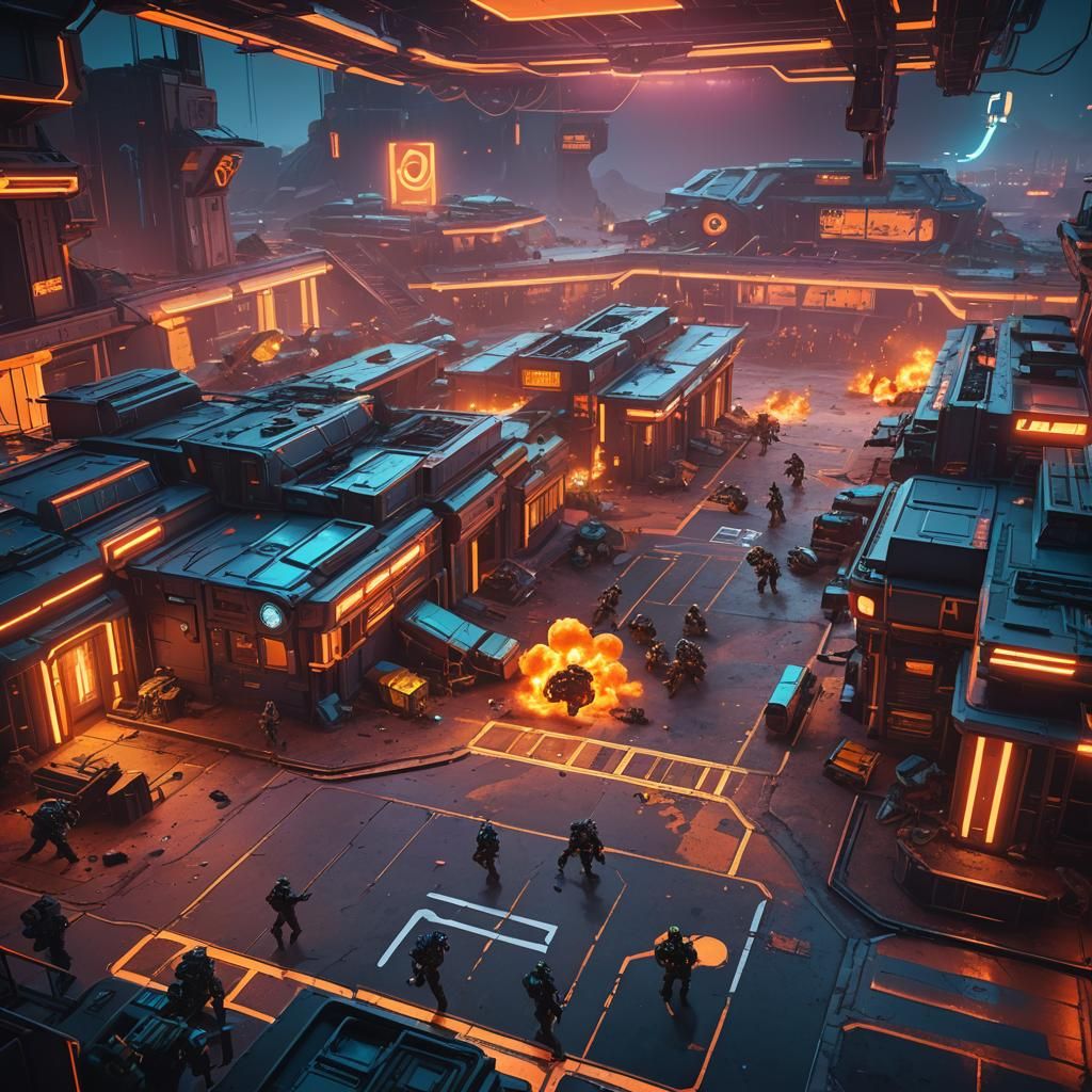 Neon Arena Collision: A Cyberpunk Matte Painting