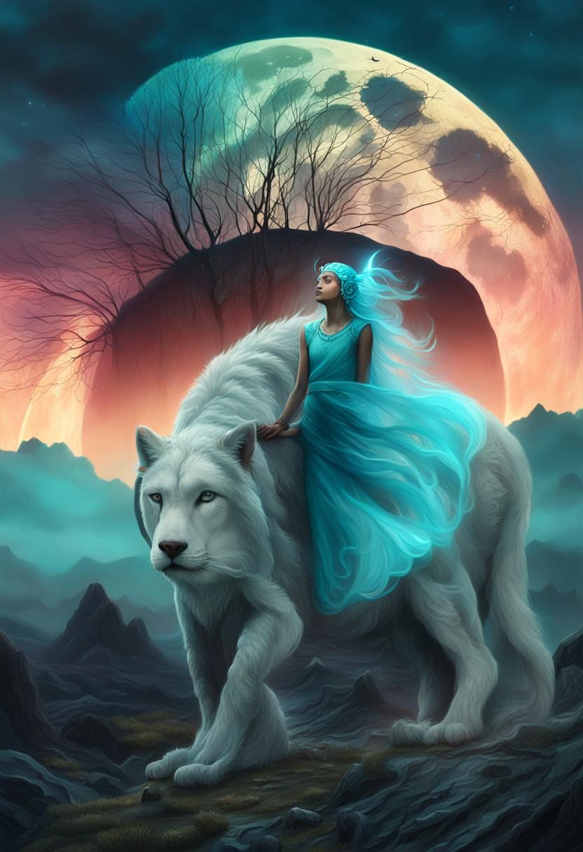 Girl in Aqua Headdress with Moonlit Landscape