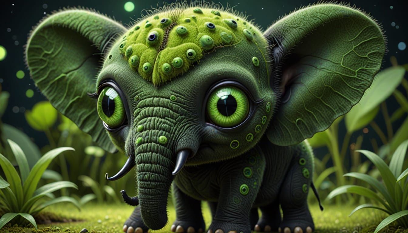 Whimsical Fuzzy Insect Elephant with Galaxy Eyes