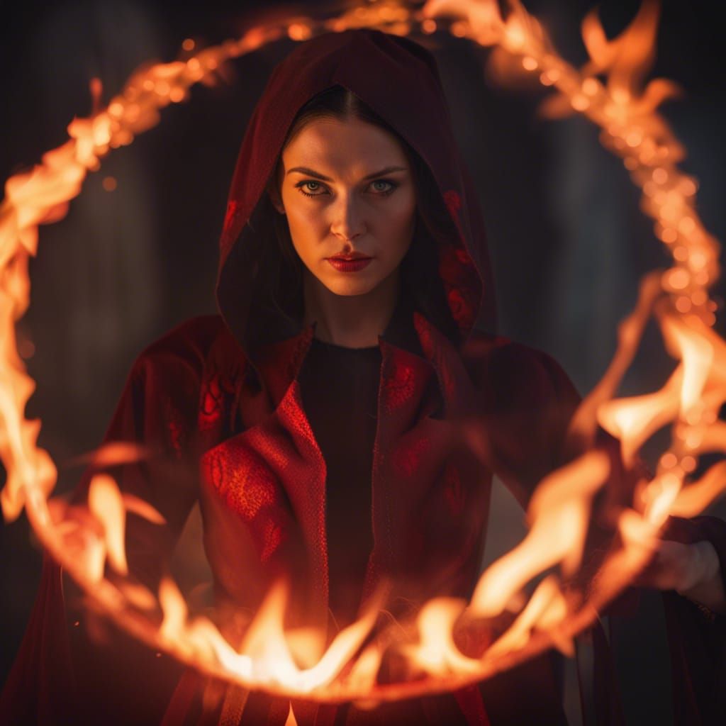 Witch Summons a Demon in Circle of Flames