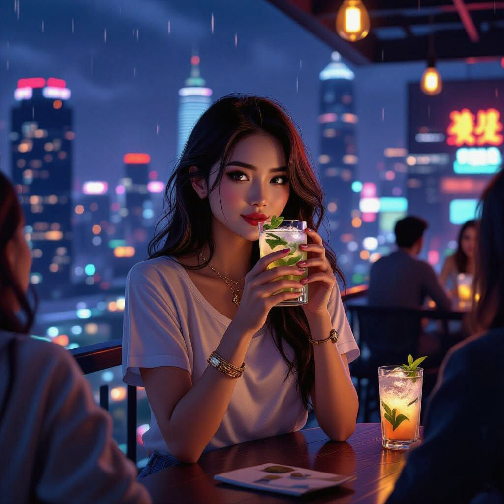 Elegant Asian Woman Sipping Mojito at City Bar