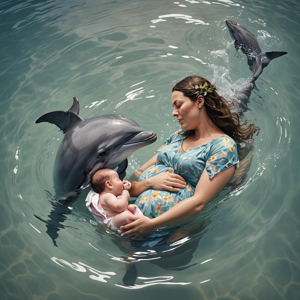 Hyperrealistic Image of Underwater Birth with Dolphin