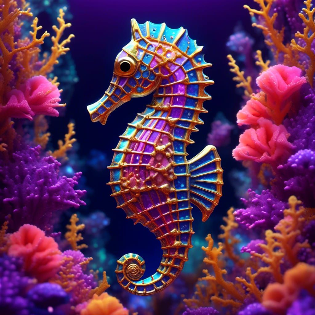 Luminescent Seahorse with Colorful Coral Reef