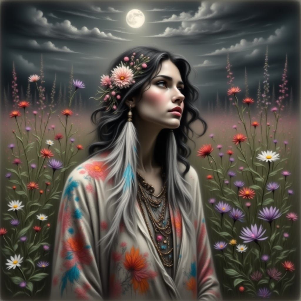 Hippy Woman in Wildflower Field Under Moonlight