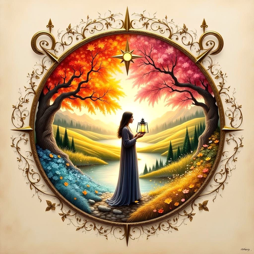 Seasonal Compass Rose in Watercolor and Metallic Leaf